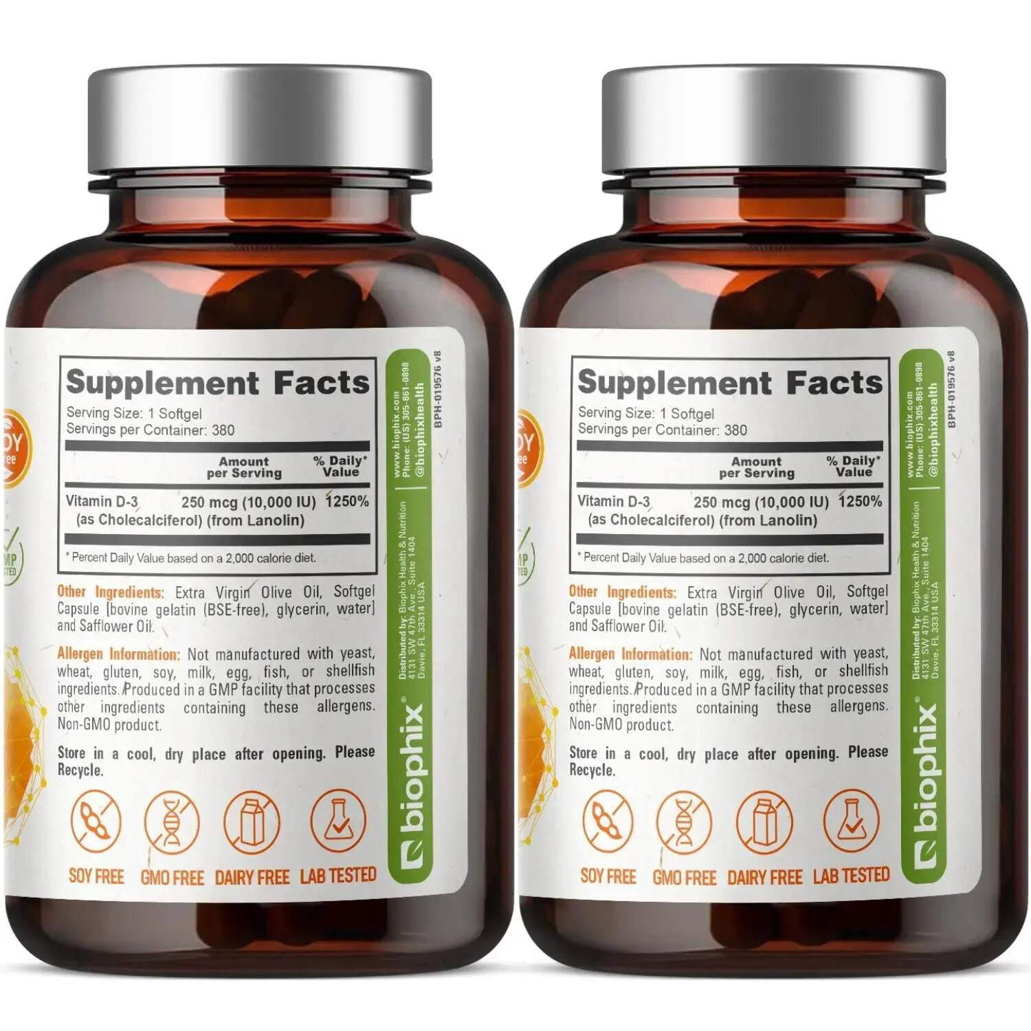 biophix Vitamin D-3 10000 IU 380 Softgels Vitamin 2 Pack - High-Potency in Extra Virgin Olive Oil Non-GMO Soy-Free Supports Strong Bones Immune Health