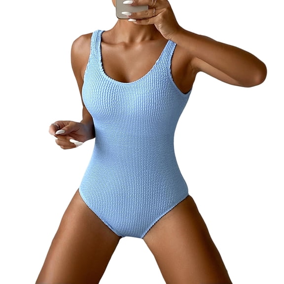 Women One Piece Swimsuit Solid Ribbed Monokini Swimwear Low Back Scoop Neck Bathing Suit Sky Blue M
