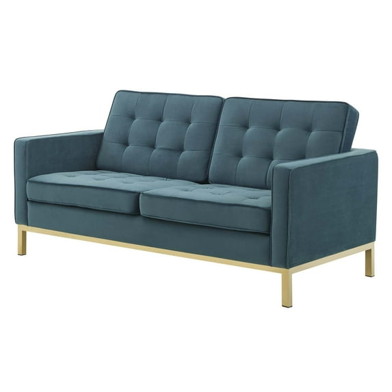 Contemporary Modern Urban Designer Living Room Lounge Club Lobby Loveseat Sofa, Velvet Fabric, Gold Aqua Blue