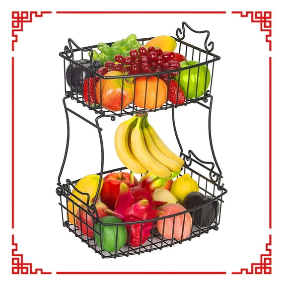 Auledio 2-Tier Metal Fruit Vegetable Basket with Banana Tree, Decorative Storage Standfor Kitchen Counter, Black
