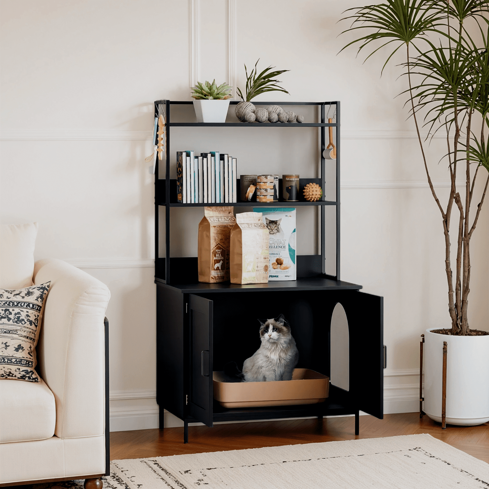 Cozy Castle Cat Litter Box Enclosure - 57'' Wooden Furniture with Large Cabinet, Shelves & 4 S-Hooks, Hidden Pet Washroom Indoor, Black