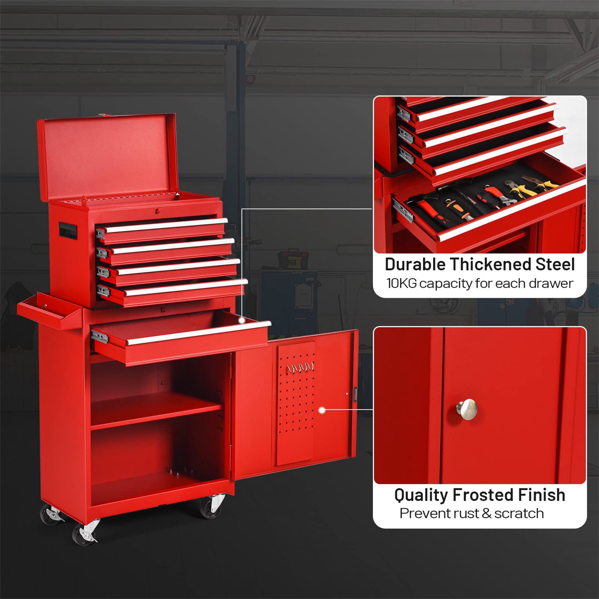 Aukfa Tool Box, 2 in 1 Steel Rolling Tool Chest & Cabinet On Wheels for Garage, 5-drawer, Red