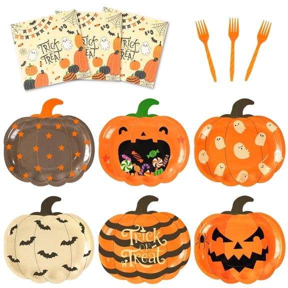 72pcs Halloween Pumpkin Tableware Set, Disposable Black Orange Paper Dessert Plate with Forks & Napkins for Halloween Party Supplies, Serves 24