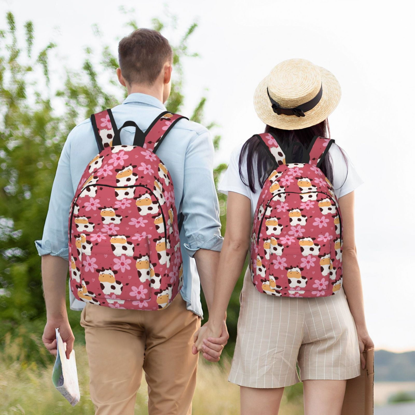Picia Cow And Flower Printed Canvas Daypack - Stylish and Durable Vintage Compact Backpack - Class, Work, Travel, or Laptop Bookbag,Organized Compartments-Medium