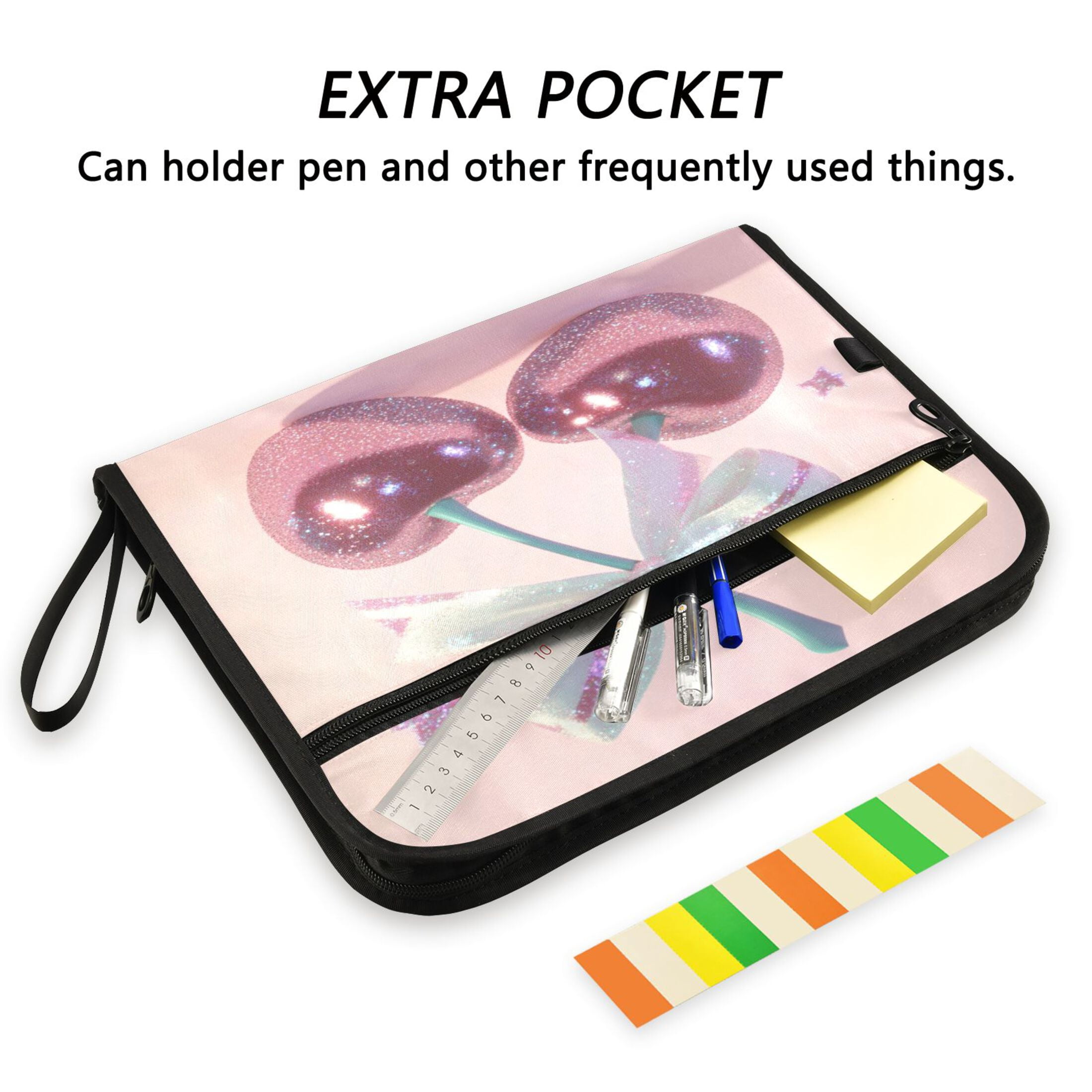 Accordion File Organizer with Zip Closure 13 Pockets Expanding File Folder Letter A4 Paper Document Organizer for Home Office Pink Large Cherries