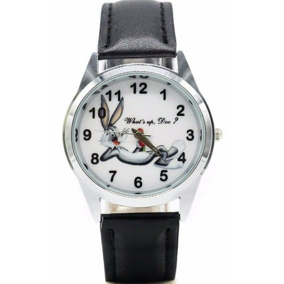 Mainstreet Classics by Bugs Bunny Black Leather Band "What's Up Doc?" Metal Case Wristwatch, Black