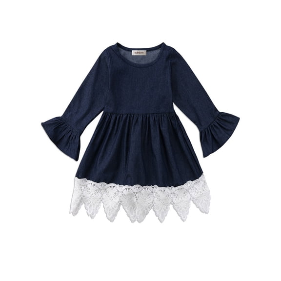 stylesilove Cute Denim Bell Sleeve Lace Trim Kids Girl Dress (120/5-6 Years)