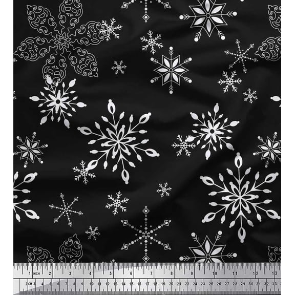 Soimoi Black Cotton Duck Fabric Snow Flakes Floral Decor Fabric Printed Yard 42 Inch Wide