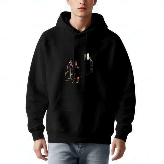Men's Long Sleeve Hoodie Pullover Sweatshirt with Basketball Graphic - Two Players in Blue & Orange Front Pocket Drawstrings