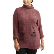 Plus Size Distressed Cable Knit Turtleneck Sweater