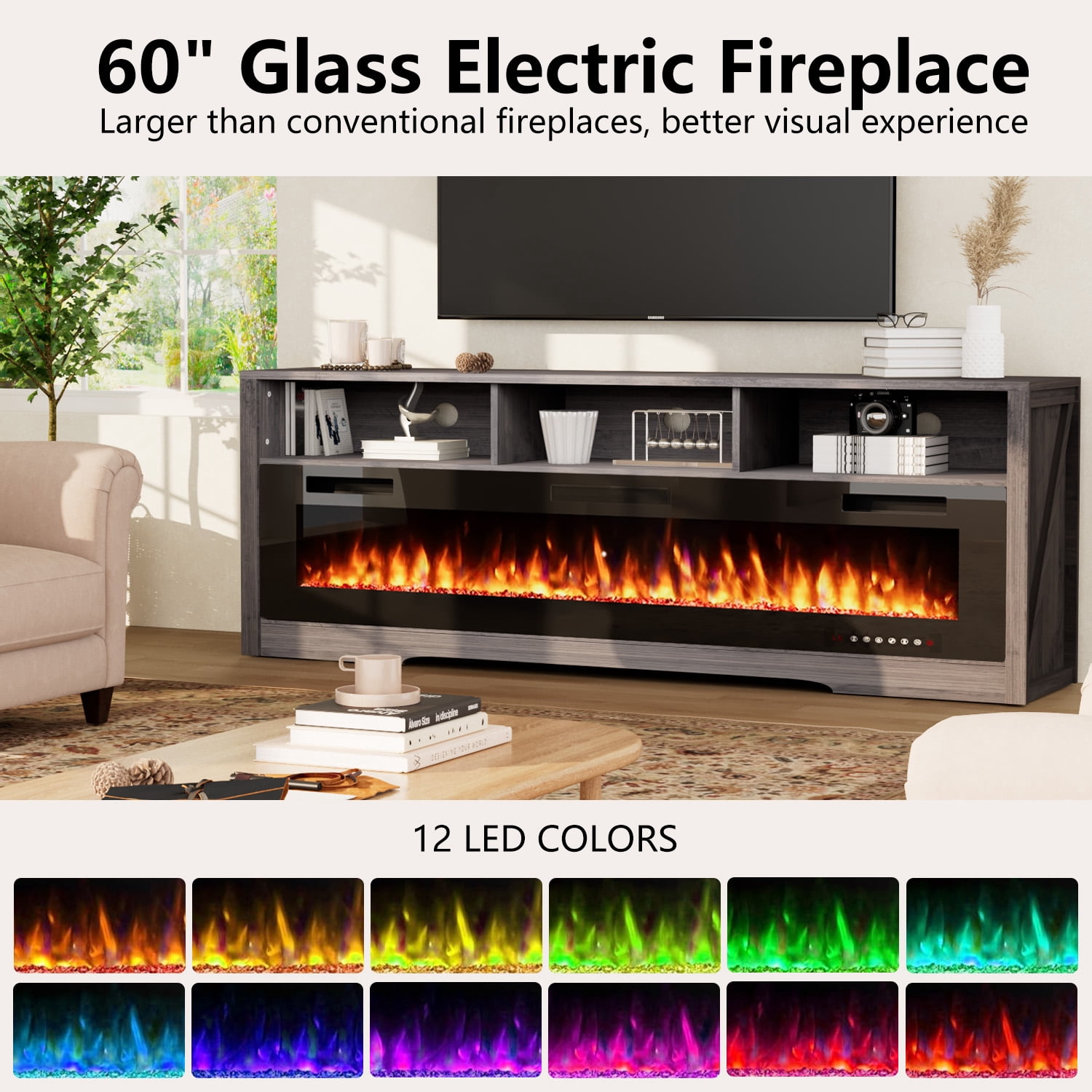 BOSSIN 65 Inches Fireplace TV Stand with 60" Electric Fireplace Up to 75" TV, Entertainment Center with Open Shelve Storage for Living Room