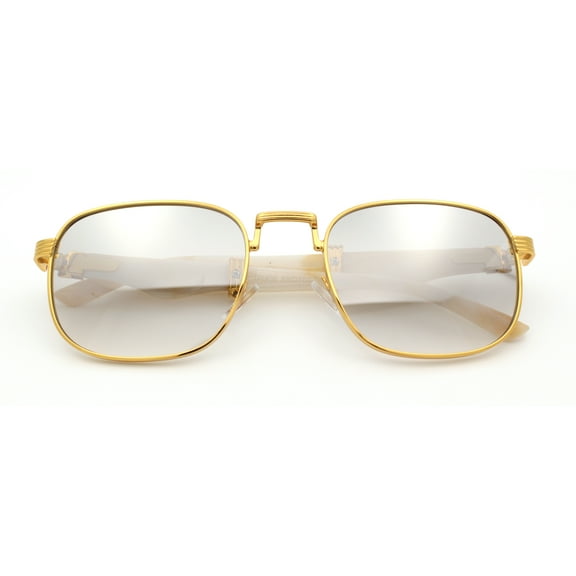 Mens Luxury Oversize Wood Buff Rectangle OG Gangster Sunglasses Gold White - Clear Mirror