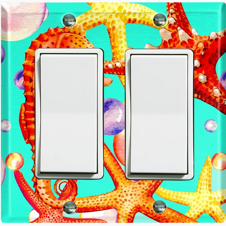 Metal Light Switch Wall Plate Outlet Cover (Ocean Sea Horse Star Fish Shell  Teal - Double Rocker) 
