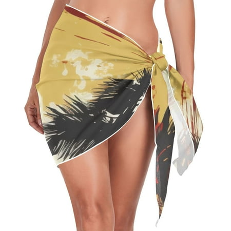 Coconut Trees Sea Women Coverups Beach Cover Up Chiffon Swimsuit Bikini Wrap Short Skirt Beach Slit Tie Waist