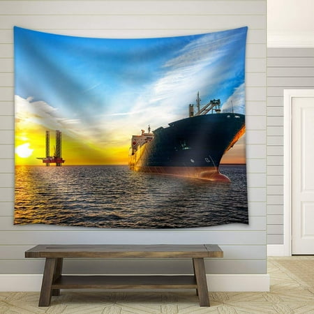 Tap Platform - wall26 - Tanker Ship and Oil Platform on Offshore Area at Sunset. - Fabric Wall Tapestry Home Decor - 68x80 inches