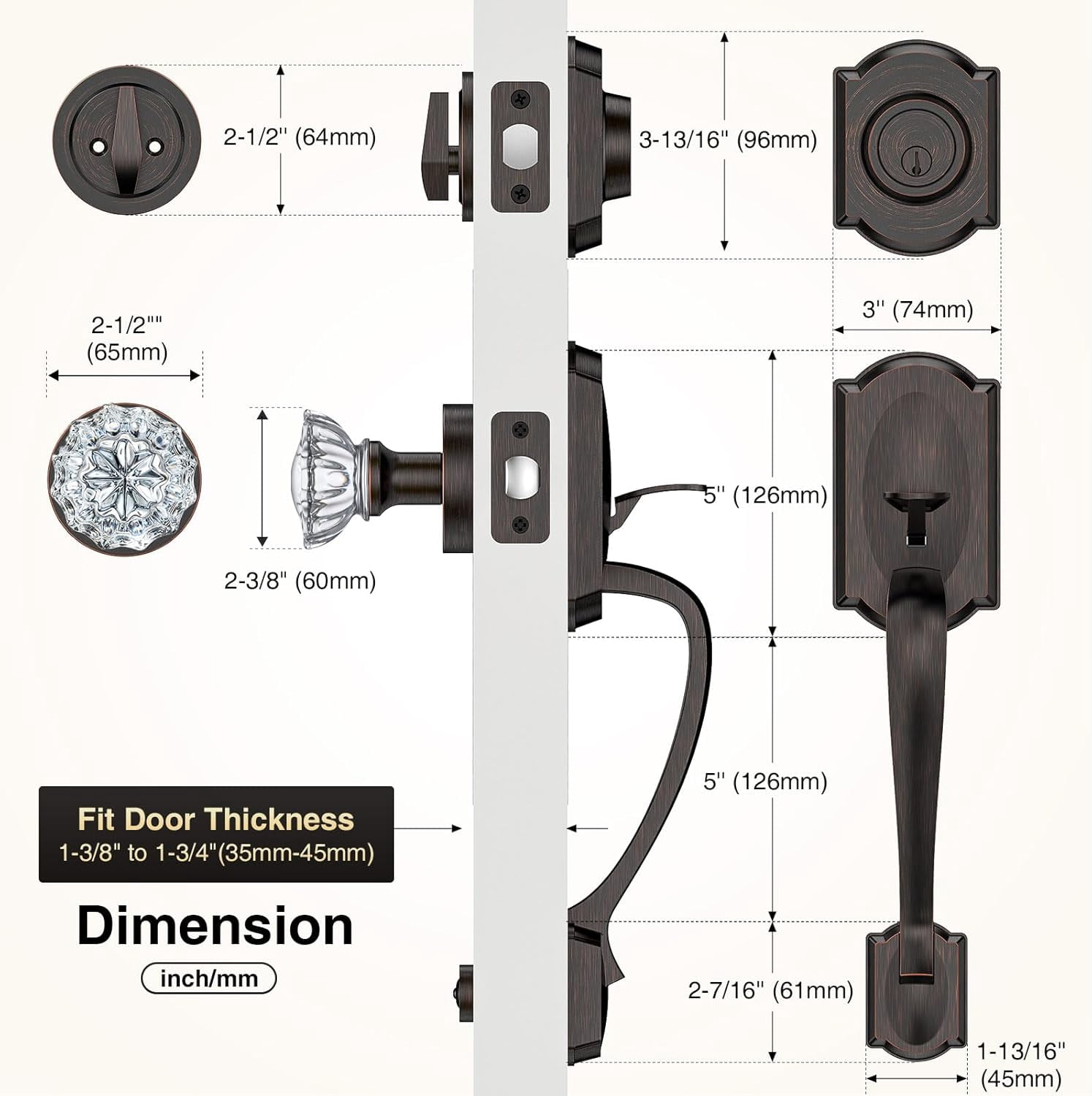 Vintage Front Door Handle and Deadbolt Set, Front Door Lock Set with Crystal Glass Door Knob, Entry Door Lock Set with Single Cylinder, Reversible for Right & Left, Oil Rubbed Bronze