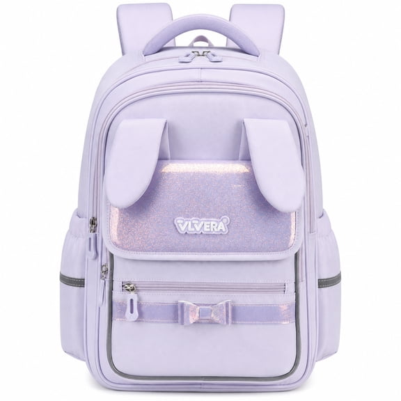 Girls School Backpack for Grades 1-3,Lightweight Water-Repellent Bookbag with 3D Bunny Ears,School Bag with Reflective Stripes,Purple