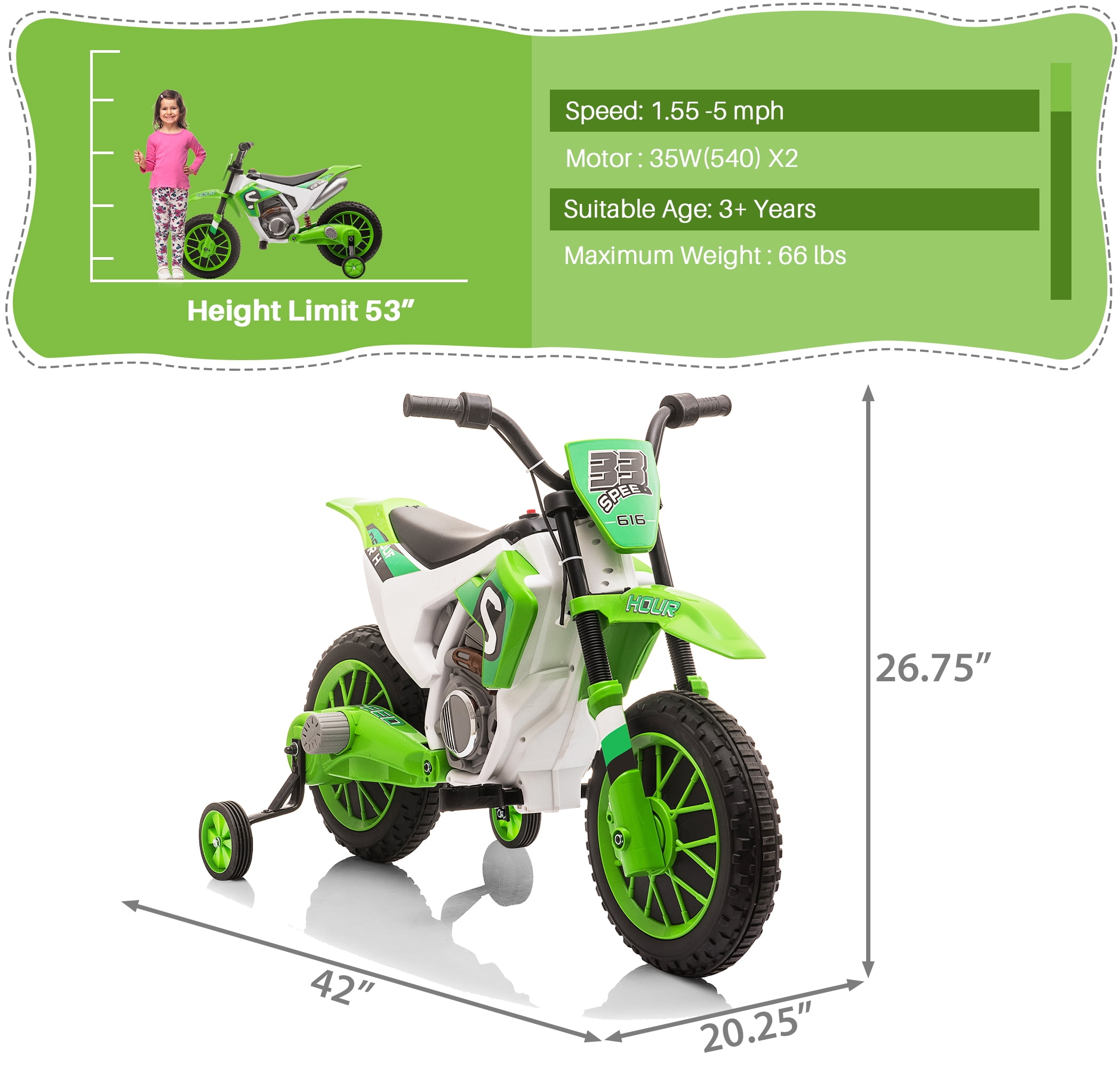 Jaxpety 12V Electric Ride on Motorbike Toy for Boy&Girl,w/Training Wheels,Age 3-6,Green