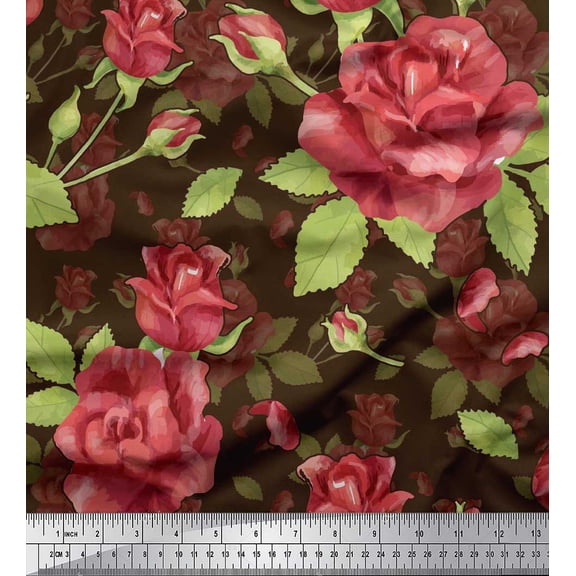Soimoi Brown Cotton Duck Fabric Leaves & Rose Floral Print Sewing Fabric Yard 42 Inch Wide