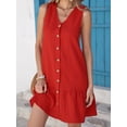 thumbnail image 5 of Women's V-Neck Button-Front Ruffle Hem Dress in Lightweight 100% Polyester Fabric for Everyday Wear Silhouette, 5 of 12