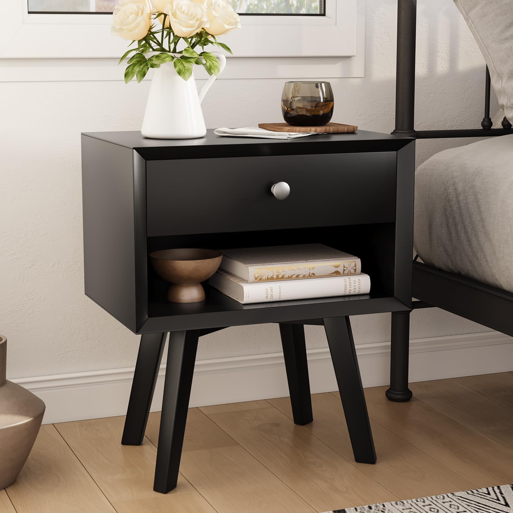 Algherohein MidCentury Nightstand with 1 Drawer for Bedroom,Black