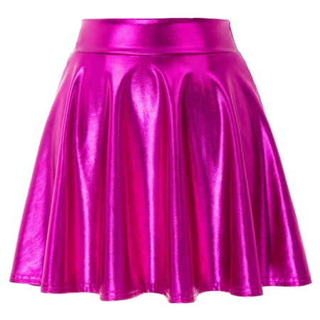 KK Women Solid Color Imitated Leather Shiny Metallic-Like Skater Skirt ...