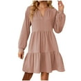 thumbnail image 2 of EQWLJWE Liquidation d'Été! Robe Décontractée pour Femmes Couleur Unie Manches Longues Col en V Ourlet Plissé Robe Genou Automne Robes d'Été 2023, 2 of 8