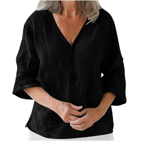 Snoarin Women Shirts Loose Casual Solid Color 3/4 Sleeve Long Sleeved V-neck Top/shirt S-2XL