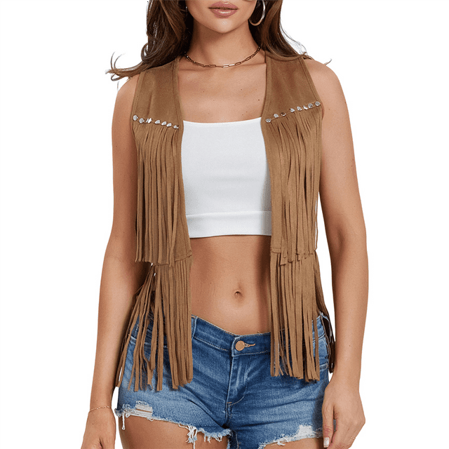 Women 70s Hippie Faux Suede Rivets Sleeveless Fringe Waistcoat Open Front Boho Western Jacket Cardigan Earthy Yellow XXL