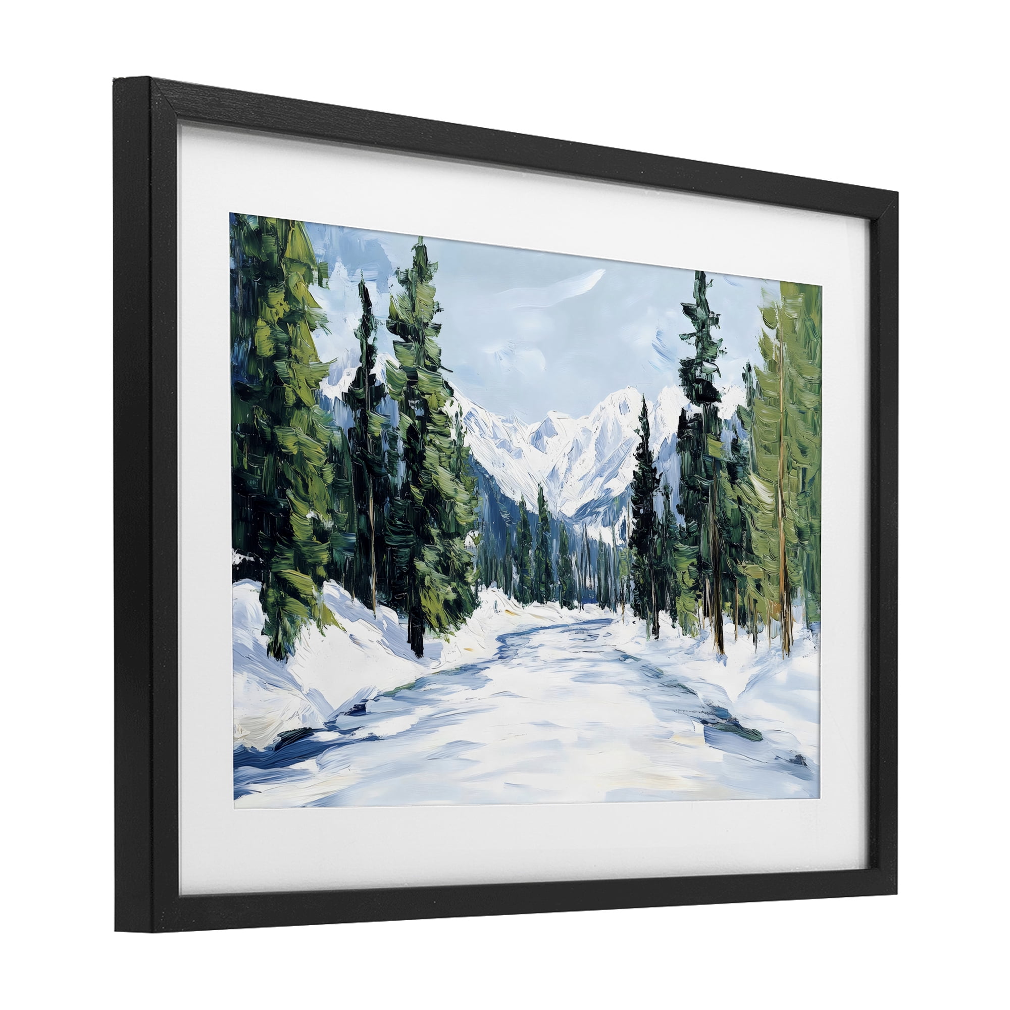 Snowy Tall Tree Pass Black Framed Print Under Glass, design by Petal Prints Design