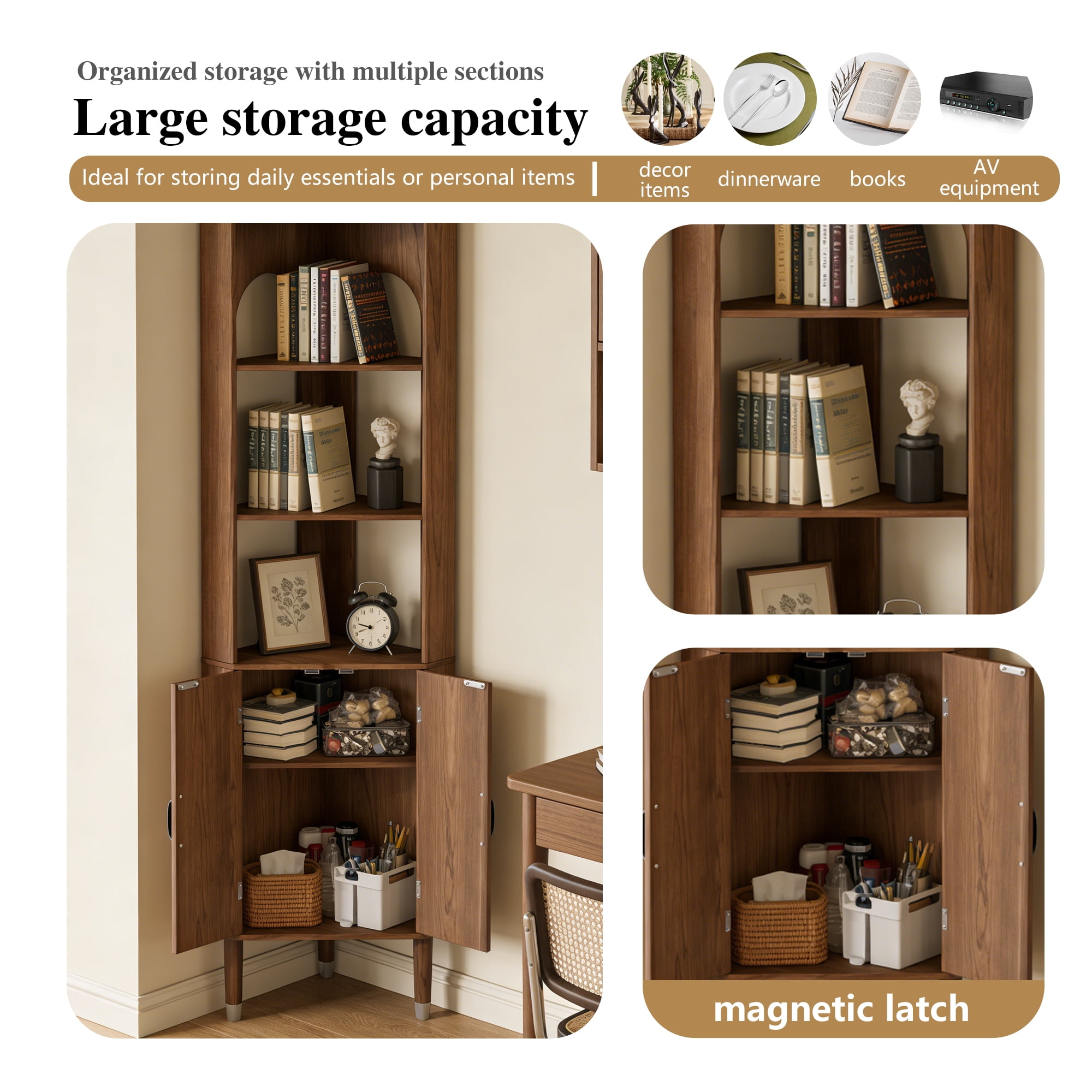 72.3'' Tall Corner Cabinet with Doors & Shelves for Living Room, Bathroom, Kitchen, Walnut