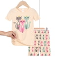 thumbnail image 3 of QEFJNO 3-9Y Toddler Girls 2-Piece Viscose Pajamas Set Rib Knit Tee and Shorts Kids Sleepwear Cute Kitty Summer Pjs Set, 3 of 6