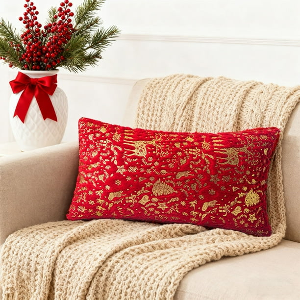 Gold Foil Christmas Pillow Cover Decorative Elk Bell Print Cushion Case for Holiday Home Decor Sofa Bedroom Living Room Festive Throw Pillowcase