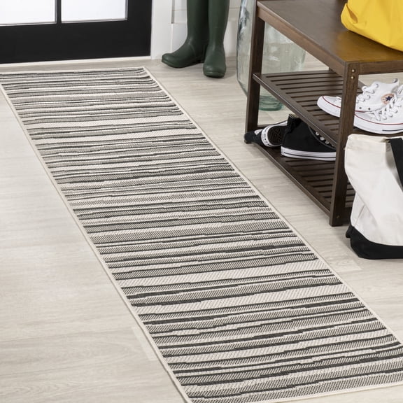 JONATHAN Y SANTA MONICA 2 x 8 Runner Rug, Castara Wavy Stripe - Cream/Dark Gray, SMB205C-28