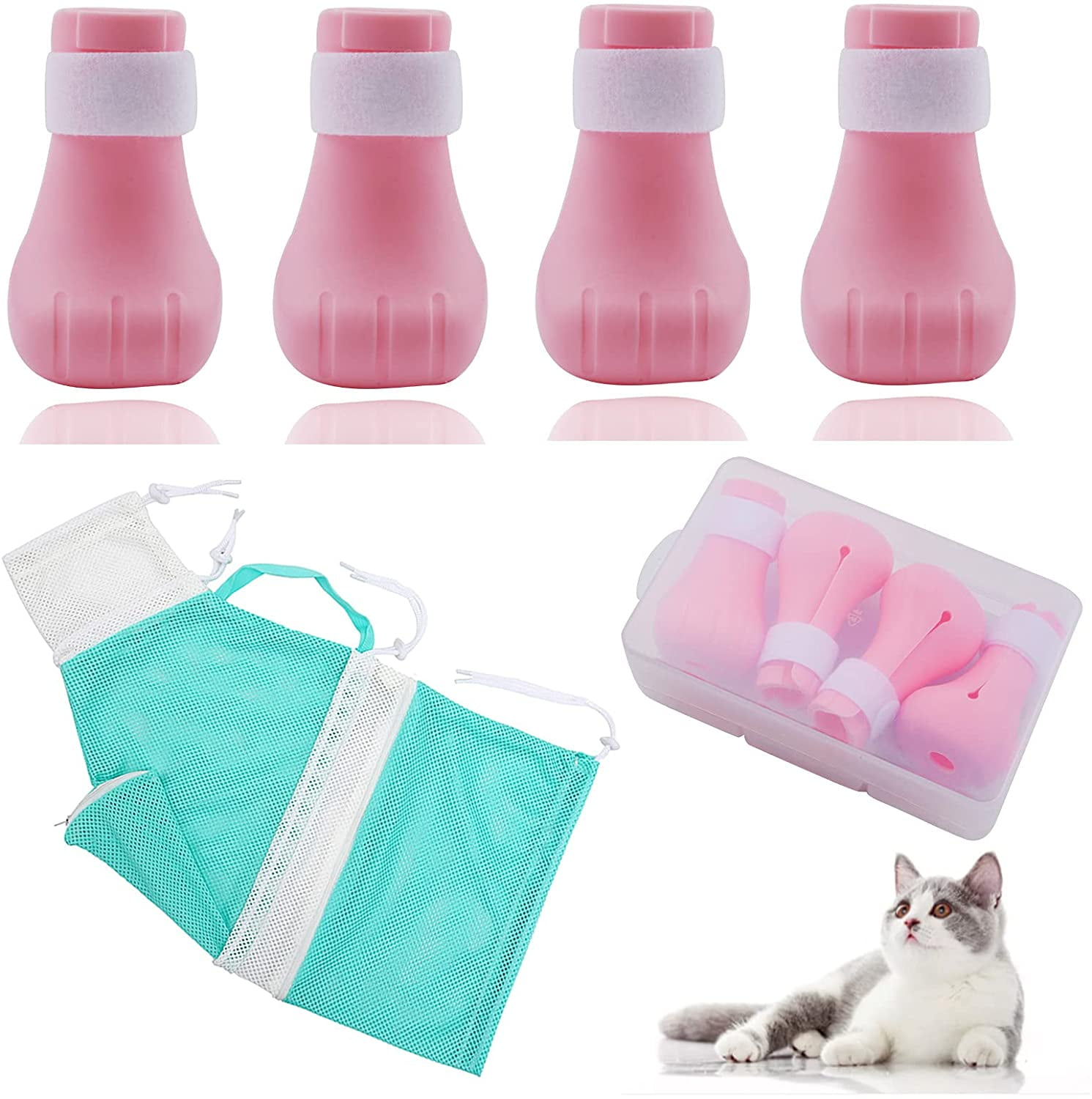 Cat Bathing Bag and 4 Pcs Cat Shoes, Adjustable Cat Grooming Bag for Bathing and Anti-Scratch Cat Booties, Anti-Bite Cat Shower Bath Bag for Bathing(Green)