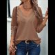 thumbnail image 4 of Blusas Elegantes e Informales para Mujer, con Cuello en V, Larga, Botones, Encaje Calado y Bordado. Color Café L, 4 of 7