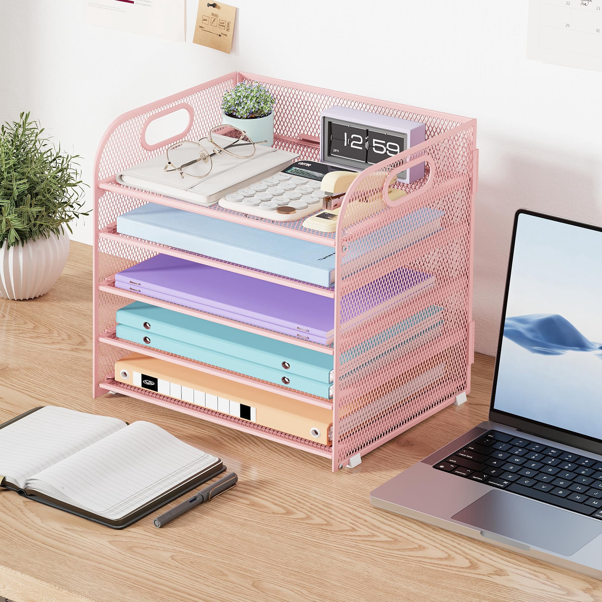 5 Tier Paper Organizer With Handle  Pink Metal Mesh Desk File Folder Letter Tray Desktop Document Sorter For Classroom School Office Accessories Organization And Storage
