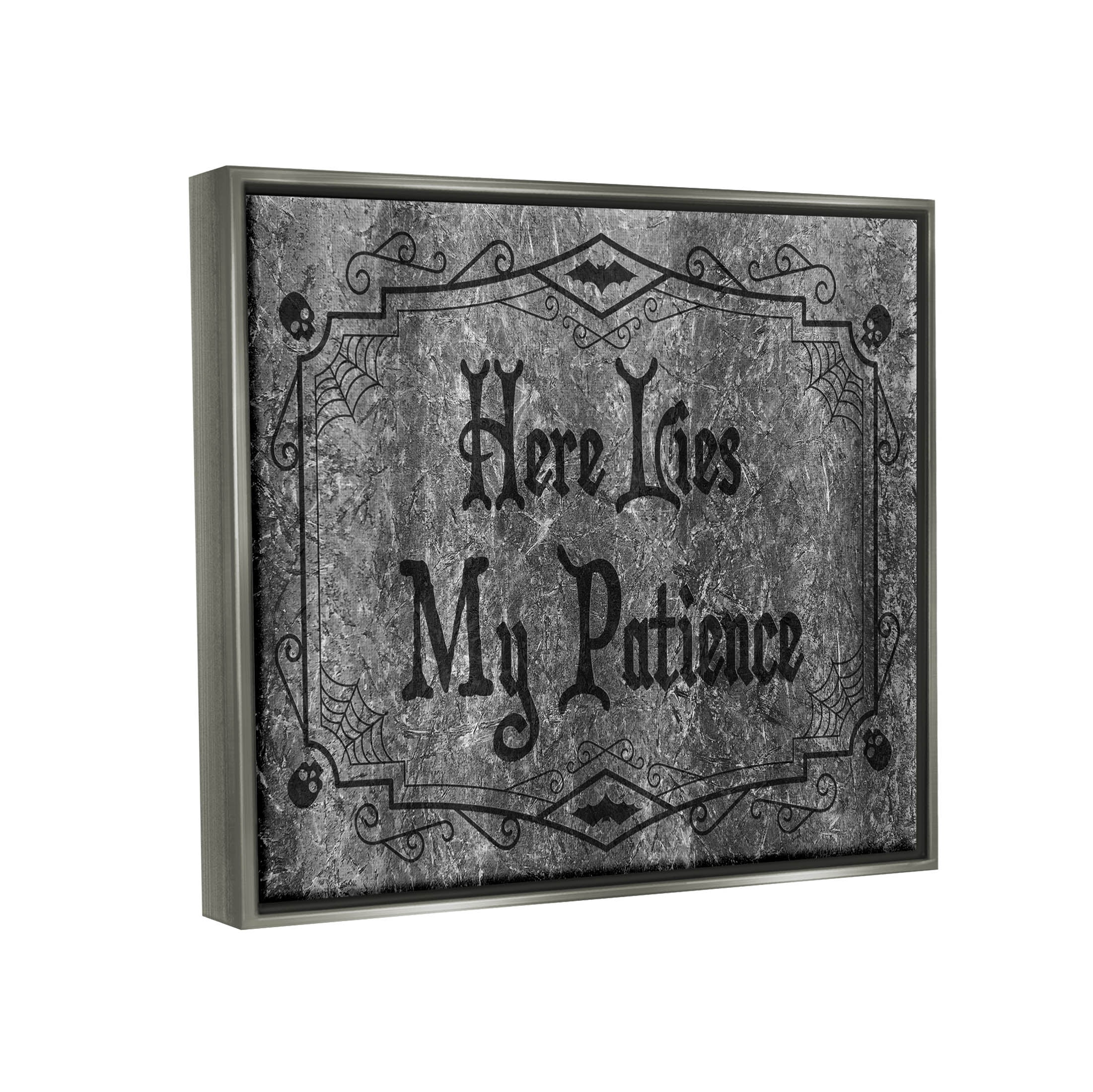 Stupell Industries Here Lies My Patience Tombstone Graphic Art Luster Gray Floating Framed Canvas Print Wall Art, Design by Lil' Rue