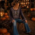 thumbnail image 3 of Womens Halloween Shirt, Floral Skeleton Ribcage Print Bell Sleeve Gothic Blouse, Spooky Season Halloween Costume Top for Women, 3 of 7