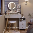 thumbnail image 3 of Makeup Vanity Table With Sliding 3 Color LED Mirror, Vanity Table With Drawers, Open Storage Shelf, Makeup Table With Chair Practical Fashionable Dresser For Home Decoration, 3 of 8