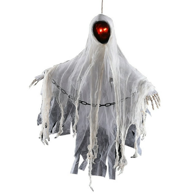 Fantasma colgante de Halloween con cadenas de ojos rojos LED Scary Creepy Flying Skull Ghost Control Abanopi Blanco