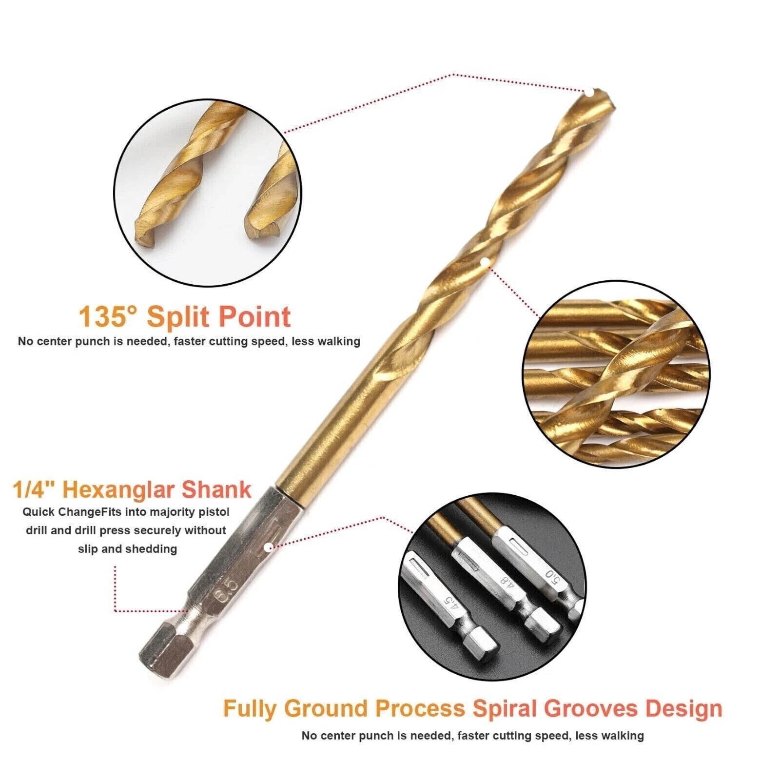 ARCADORA Titanium Coated HSS Drill Bit Set 135 Degree Split Point 1/4 Hex Shank For Metal Wood Plastic DIY Drilling