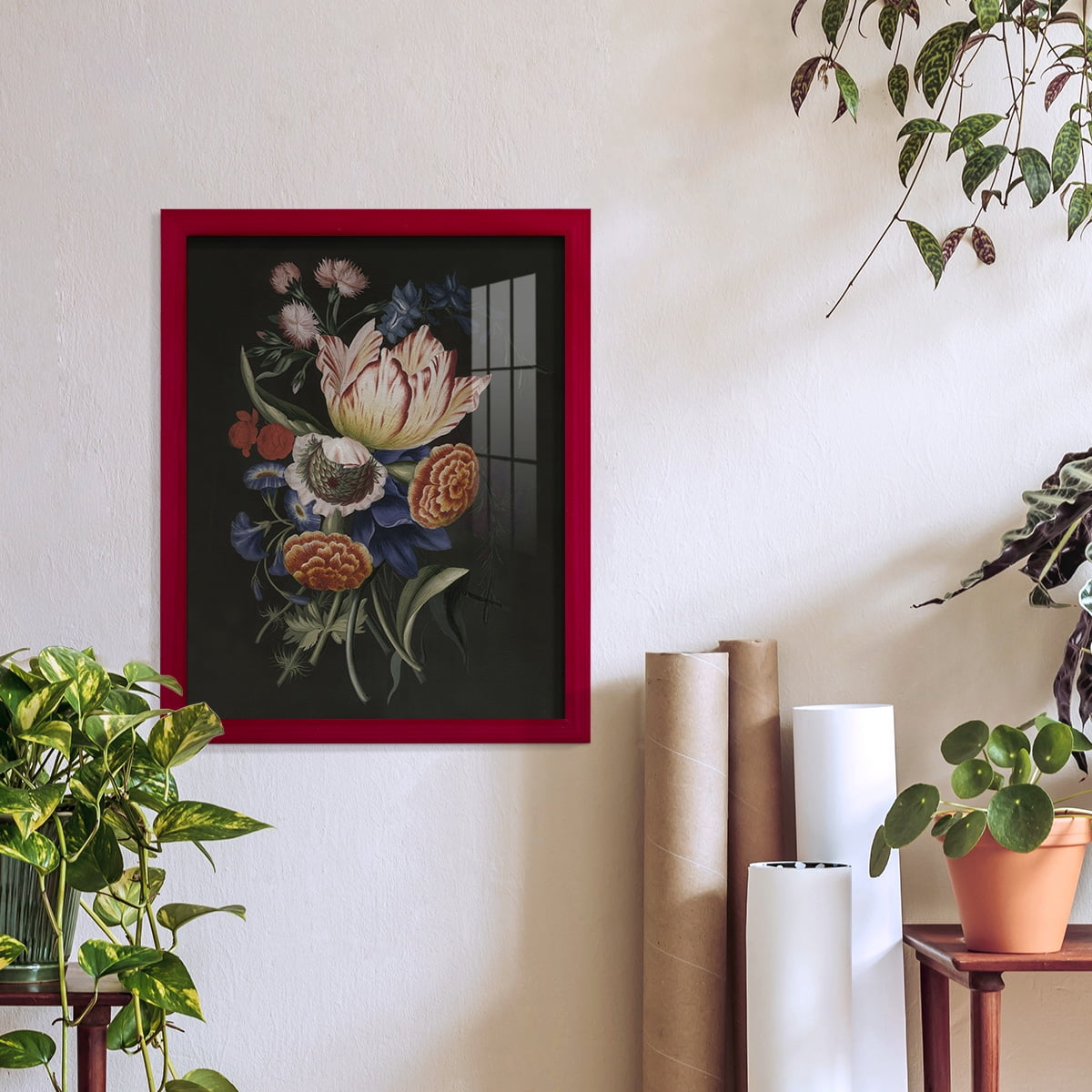 Dramatic Bouquet II -Framed Print w/glass-Cherry Red