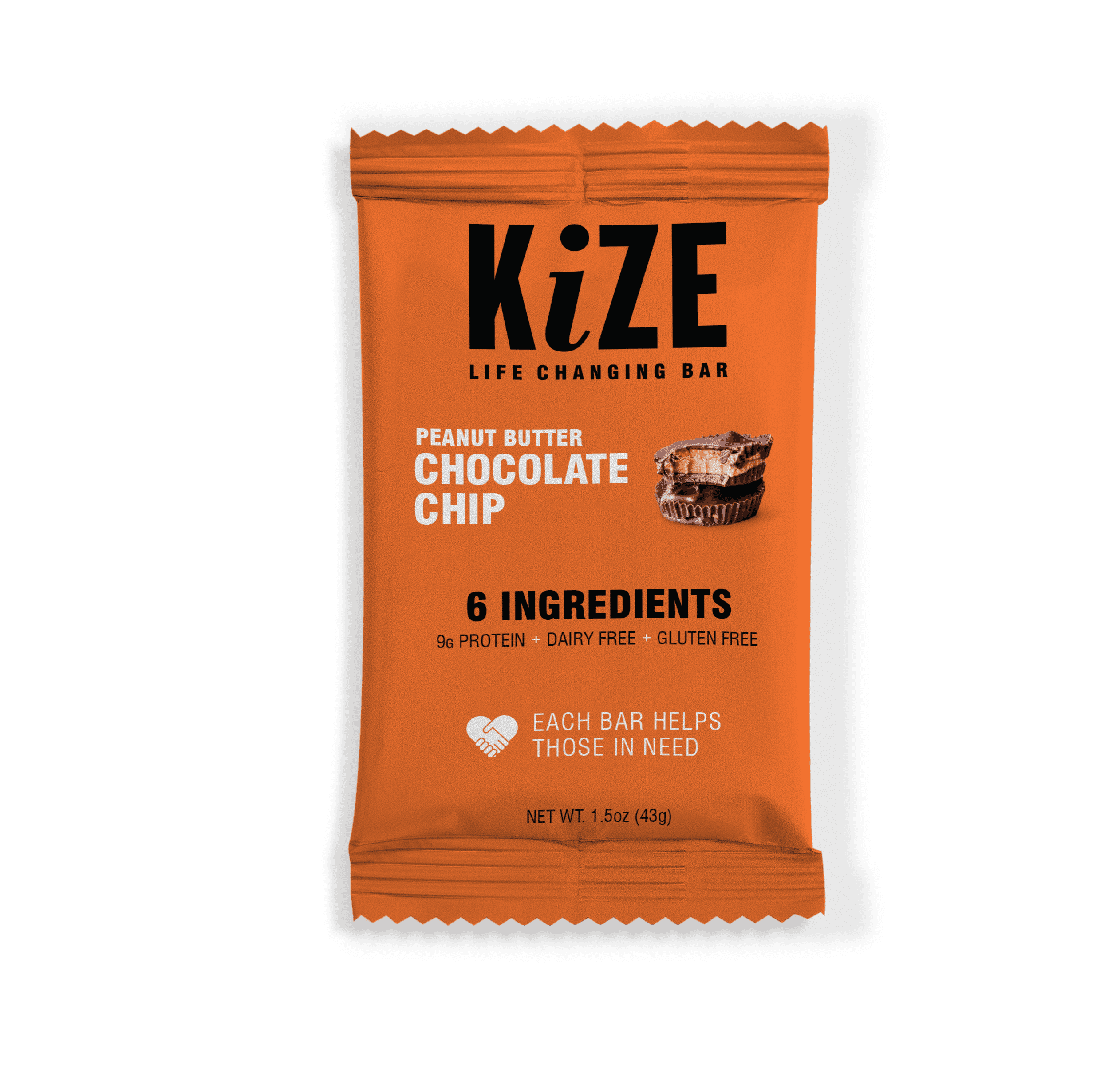 KiZE Life Changing Bar, Protein Bar, Peanut Butter Chocolate Chip, 6 ingredients, All Natural, Dairy Free, Gluten Free, 1.5oz Bar (10 count)
