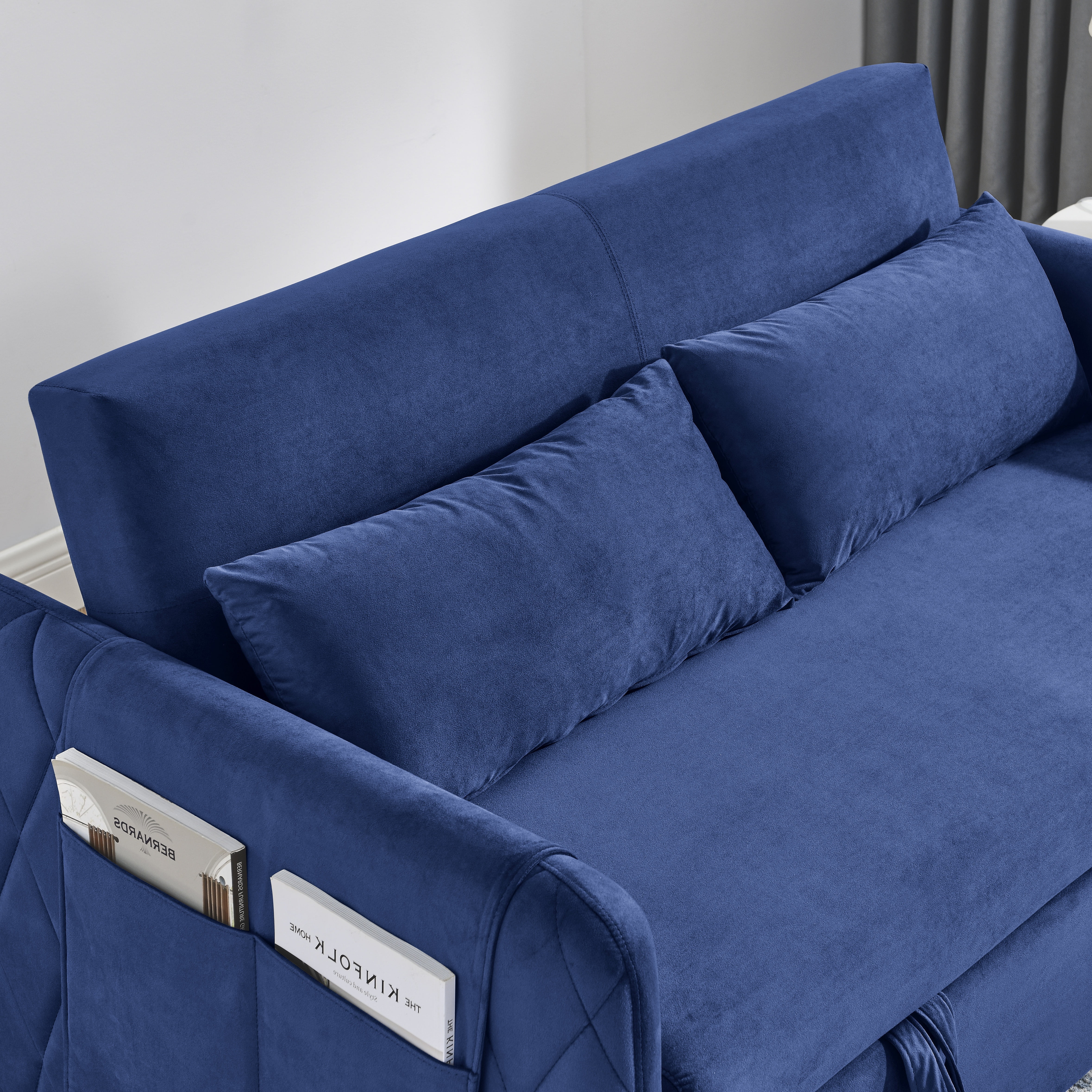 DEALTOPS 55" Modern Velvet Pull Out Sofa Bed Loveseat Lounge Chaise,Sleeper Sofa Bed with Adjustable Backrest 2 Detachable Arm Pockets - Blue