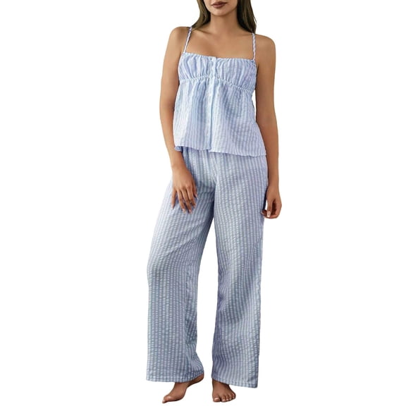 BLCHUNen Womens 2 Piece Outfits Striped Matching Sets Square Neck Camisole Tops Wide Leg Pants Summer Vacation Outfits