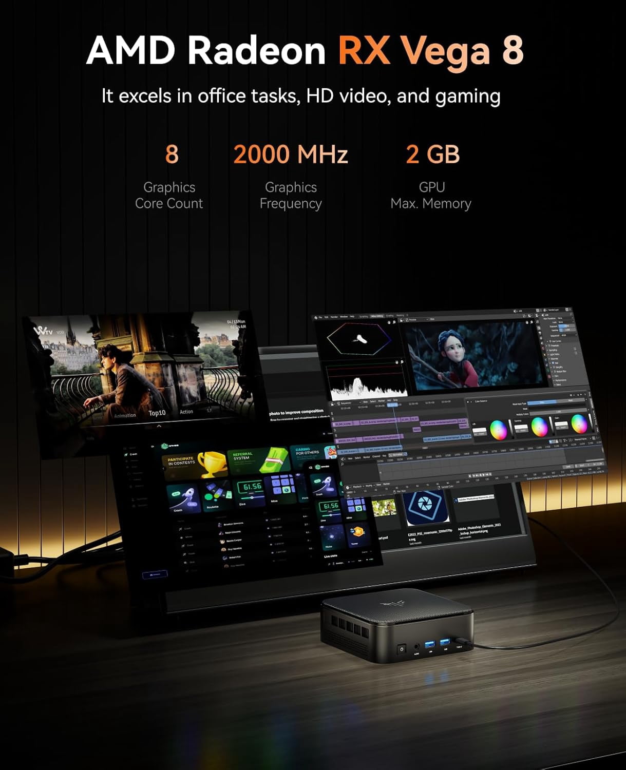 NIPOGI E3B Mini PC AMD Ryzen V2748 16GB 512GB SSD Win11 Pro WiFi 6 4K 3-Screen Black