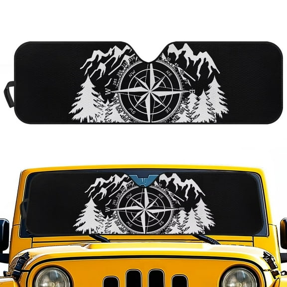 Uorisanigo Windshield Sunshade for Jeep Wrangler JK JKU JL JLU 1997-2025 & Jeep Gladiator JT 2020-2024 Mountain Compass Print Car Sun Shade Sun Visor Protection Blocks UV Rays and Keep Car Cool