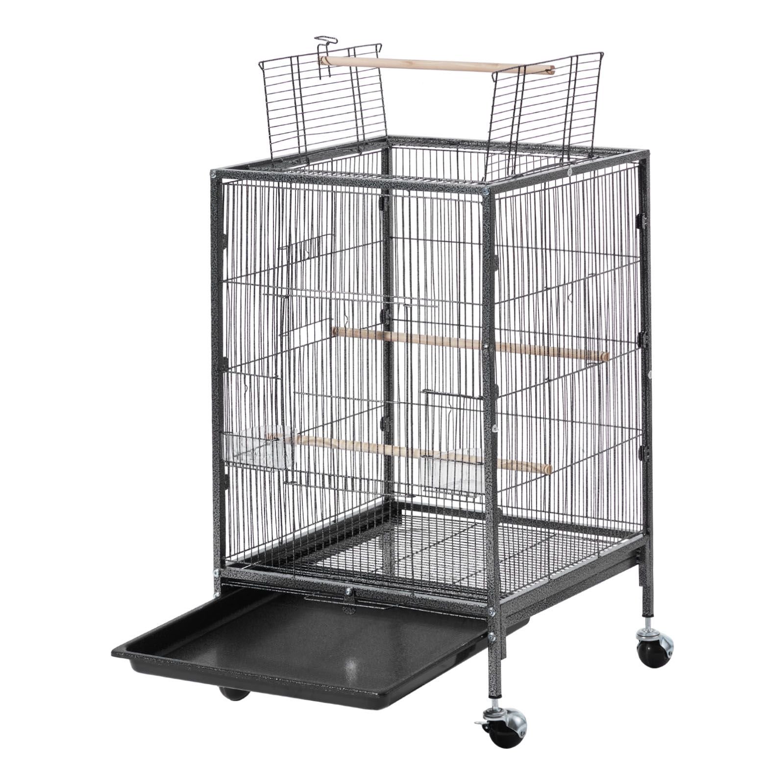 Bird Cage 18 x 18 x 30 Inch Open Top Wrought Iron Flight Cage, Rolling Stand with Perches Slide Out Tray Feeders for Parrots