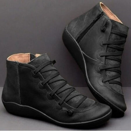 Women s Ankle Boot - Ankle Boots for Women Arch Support Comfy Lace Up Flat Heel Ankle Booties Round Toe Slip On Leather Short Boots Loafers Non-Slip Breathable Soft Bottom Walking Shoes